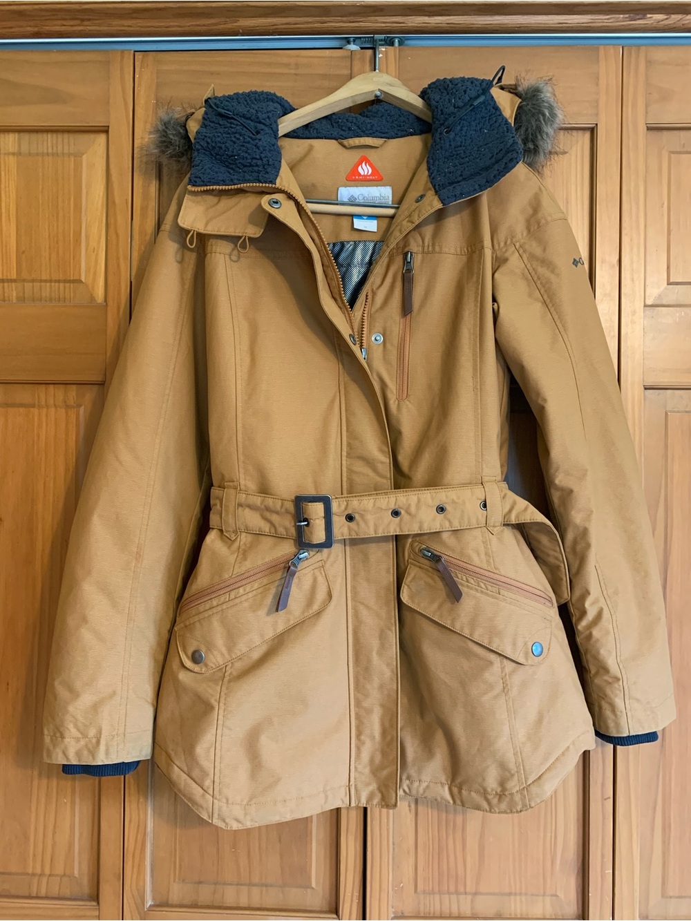 Columbia Tan Belted Hooded Trench Coat with Faux-Fur Trim